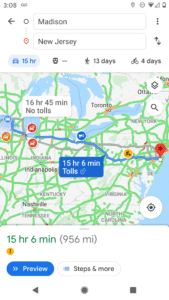 Maps app shows route from New Jersey to Madison